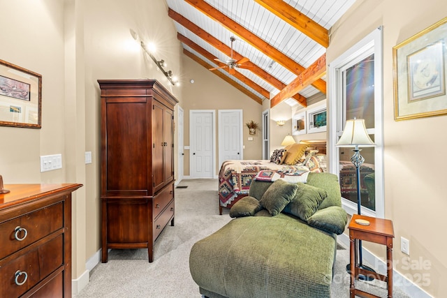 300 Falls View Dr, Lake Toxaway, NC 28774 - bedroom featuring beamed ceiling, light carpet, and high vaulted ceiling