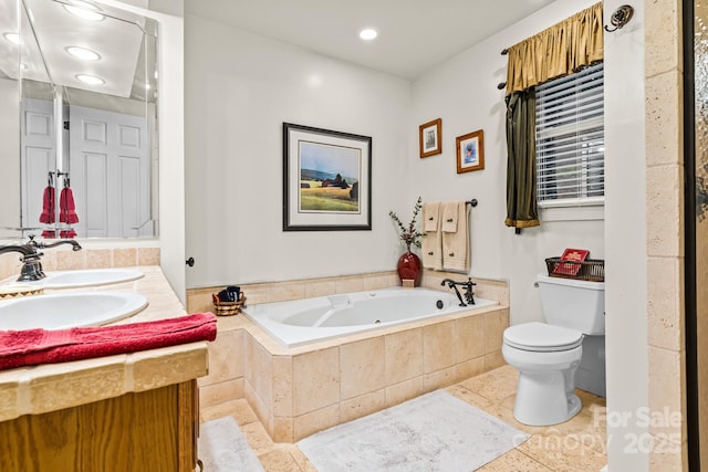 300 Falls View Dr, Lake Toxaway, NC 28774 - full bathroom with a tub with jets, double vanity, recessed lighting, and tile patterned flooring