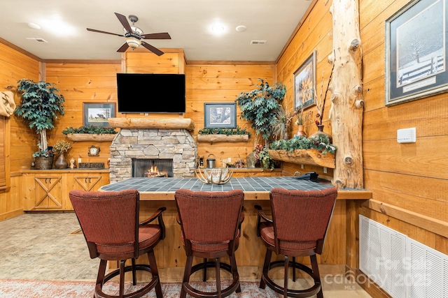 300 Falls View Dr, Lake Toxaway, NC 28774 - bar area featuring wood walls, ceiling fan, and a stone fireplace