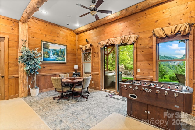 300 Falls View Dr, Lake Toxaway, NC 28774 - dining area featuring wooden walls, a ceiling fan, and recessed lighting