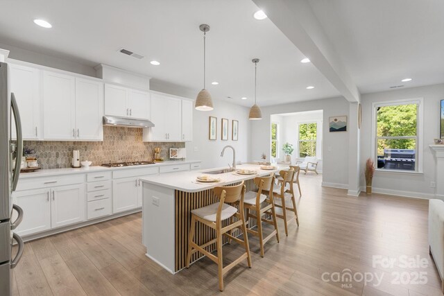 kitchen featuring decorative backsplash, a sink, visible vents, under cabinet range hood, and a center island with sink