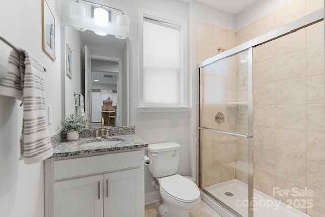 bathroom with toilet, visible vents, a shower stall, and vanity