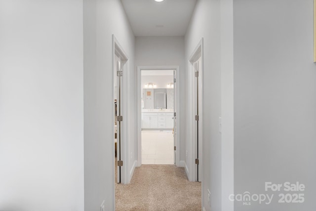 hall featuring carpet flooring and baseboards