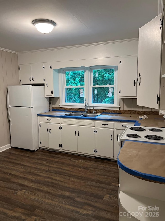 755 Victory Grove Church Rd, Lincolnton, NC 28092 - kitchen featuring a sink, white appliances, white cabinets, dark wood-style flooring, and ornamental molding