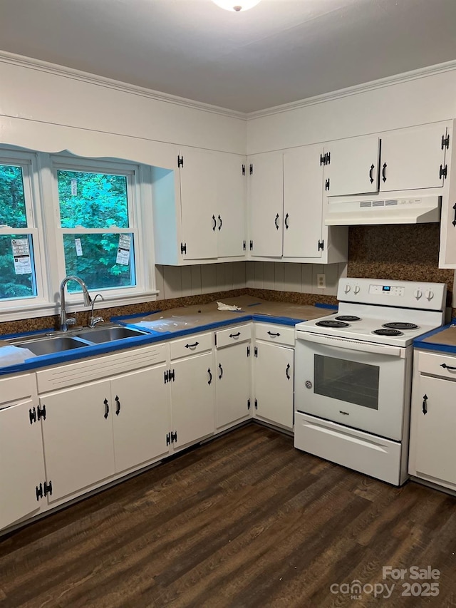 755 Victory Grove Church Rd, Lincolnton, NC 28092 - kitchen with white electric stove, under cabinet range hood, a sink, dark countertops, and white cabinetry