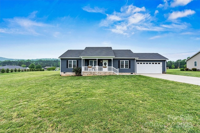3615 Kimber Ln, Sherrills Ford, NC 28673 - ranch-style home with a front lawn, a garage, a porch, crawl space, and driveway