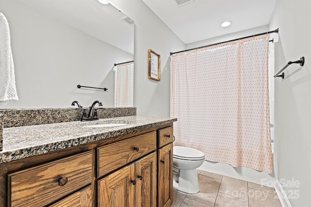 3615 Kimber Ln, Sherrills Ford, NC 28673 - bathroom featuring tile patterned flooring, visible vents, vanity, toilet, and shower / bathtub combination with curtain