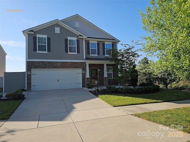 106 Calderdale Ln, Charlotte, NC 28262 - view of front of house with board and batten siding, covered porch, a garage, a front lawn, and concrete driveway