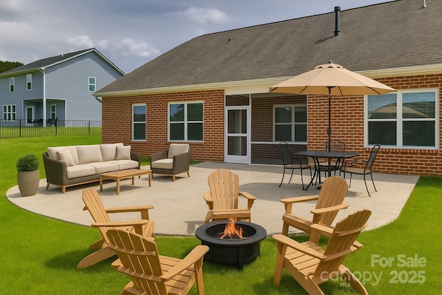 4926 Trayton Ave, Gastonia, NC 28056 - rear view of house with brick siding, fence, an outdoor living space with a fire pit, a yard, and a patio