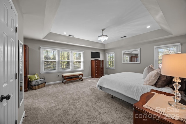carpeted bedroom with a raised ceiling, multiple windows, and visible vents