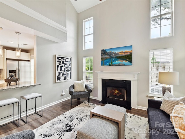 living room featuring a towering ceiling, healthy amount of natural light, wood finished floors, a fireplace with flush hearth, and baseboards