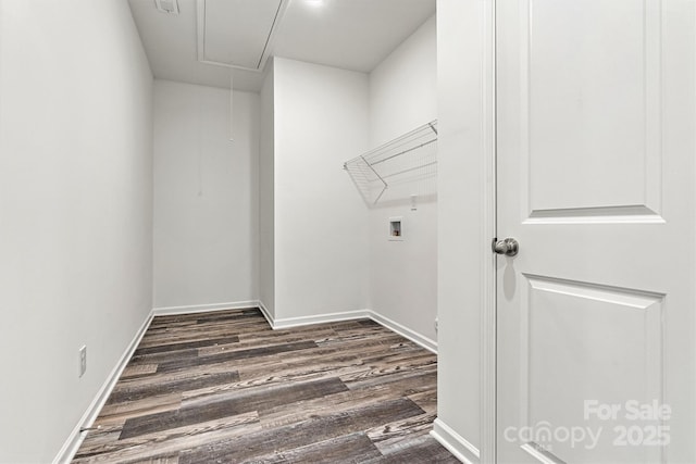 3567 Farmfield Dr, Claremont, NC 28610 - washroom featuring laundry area, attic access, dark wood-style flooring, and hookup for a washing machine