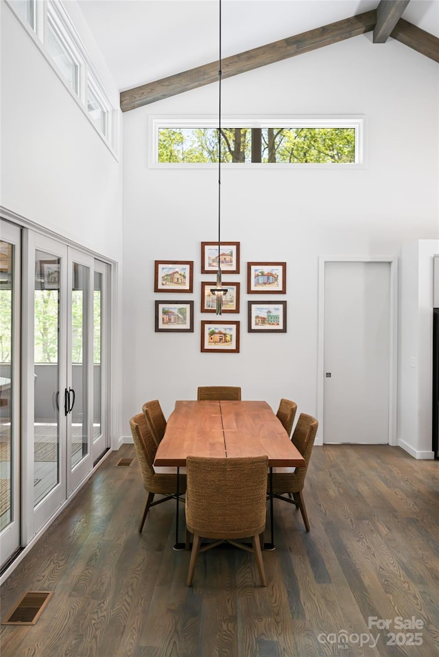 dining room featuring high vaulted ceiling, beam ceiling, and visible vents