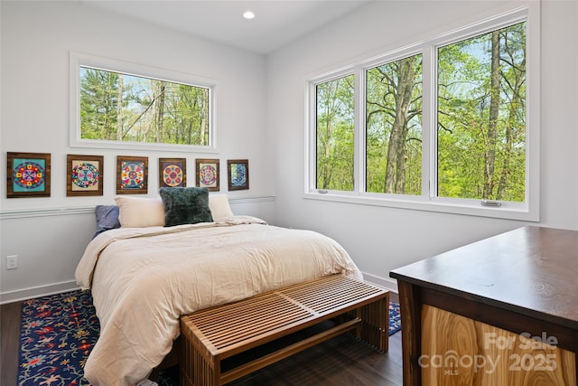 bedroom featuring baseboards, multiple windows, and wood finished floors
