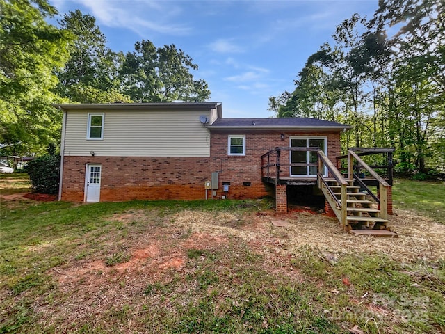 269 Bud Black Rd, Crouse, NC 28033 - rear view of property with stairway, a lawn, brick siding, and a deck