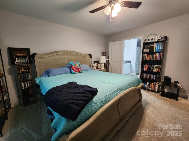 bedroom featuring baseboards, a ceiling fan, and carpet floors