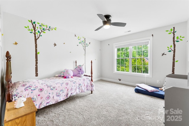 bedroom featuring baseboards, visible vents, a ceiling fan, and carpet floors