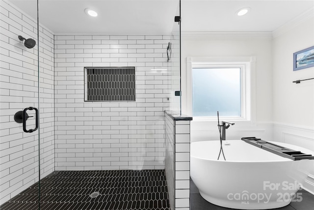 full bathroom featuring a soaking tub, recessed lighting, a stall shower, and ornamental molding