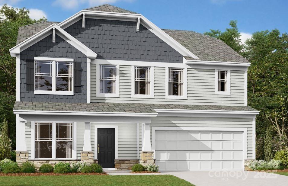 view of front of house with a garage, a shingled roof, concrete driveway, and stone siding