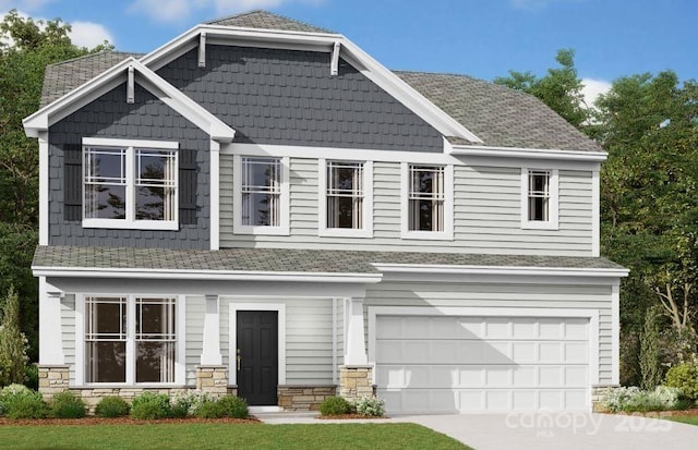 view of front of house with a garage, a shingled roof, concrete driveway, and stone siding
