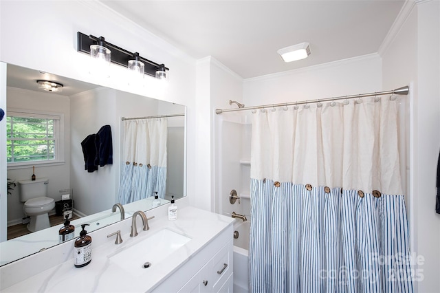 bathroom with toilet, ornamental molding, vanity, and shower / bathtub combination with curtain