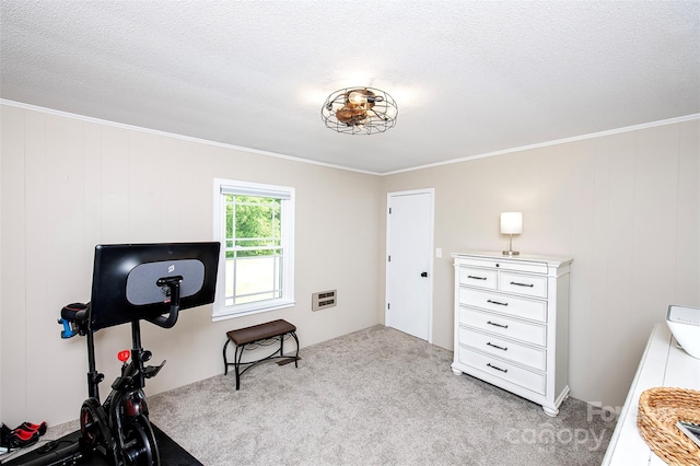 exercise area with light carpet, a textured ceiling, and crown molding
