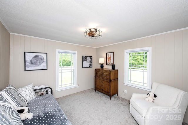 living area featuring light colored carpet, crown molding, and a textured ceiling