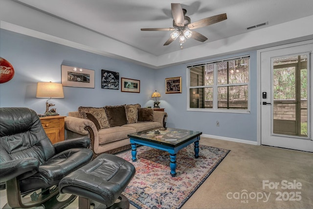 101 Carlyle Way, Asheville, NC 28803 - carpeted living room with baseboards, visible vents, a raised ceiling, and ceiling fan
