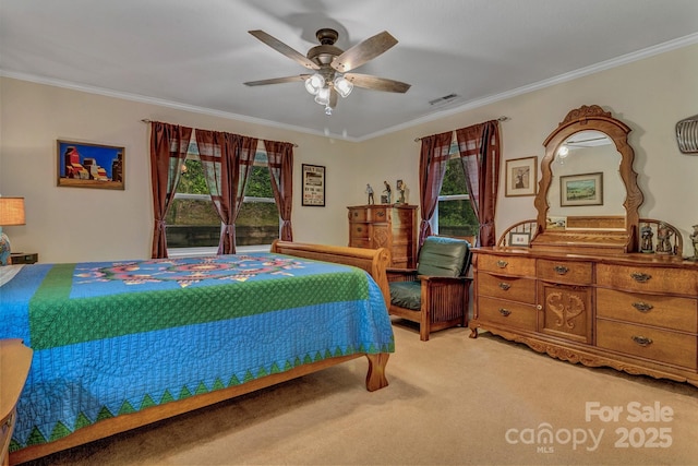 101 Carlyle Way, Asheville, NC 28803 - bedroom featuring visible vents, crown molding, light colored carpet, and ceiling fan