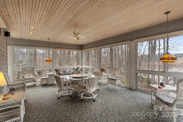 98 Fox Trl, Tryon, NC 28782 - sunroom featuring carpet floors, an outdoor living space, a ceiling fan, and wood ceiling