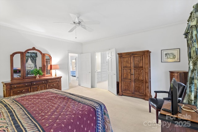 98 Fox Trl, Tryon, NC 28782 - bedroom featuring carpet floors, crown molding, a ceiling fan, and ensuite bathroom