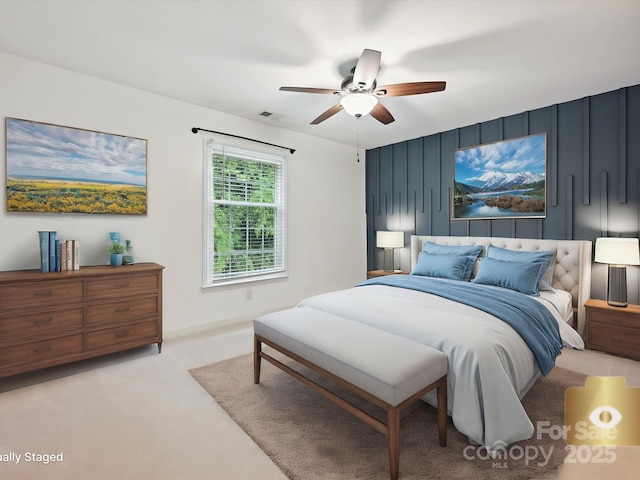 7004 Quail Hill Rd, Charlotte, NC 28210 - bedroom with visible vents, a ceiling fan, and light carpet