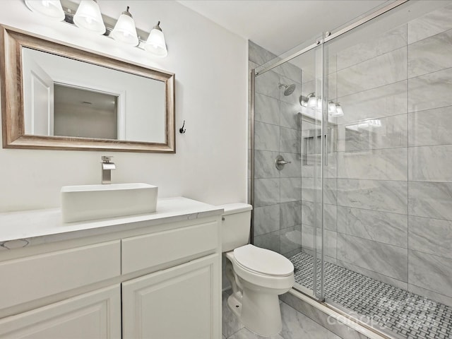 7004 Quail Hill Rd, Charlotte, NC 28210 - bathroom with toilet, marble finish floor, a shower stall, and vanity