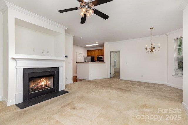 3158 Walnut Park Dr, Charlotte, NC 28262 - unfurnished living room with light colored carpet, a chandelier, baseboards, ceiling fan, and a fireplace with flush hearth