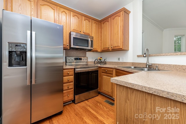 3158 Walnut Park Dr, Charlotte, NC 28262 - kitchen with appliances with stainless steel finishes, a sink, ornamental molding, light wood-style floors, and light countertops
