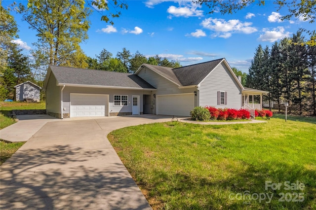 ranch-style house with concrete driveway, an attached garage, roof with shingles, and a front lawn