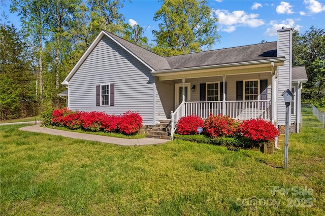 single story home with a porch, a front lawn, a chimney, and roof with shingles