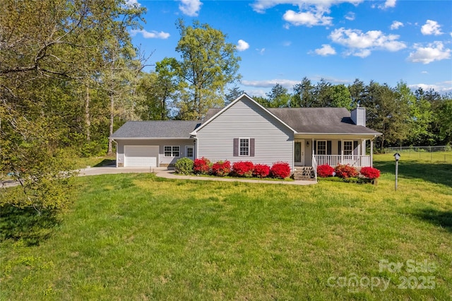 view of front of house with a front lawn, driveway, a porch, a chimney, and an attached garage