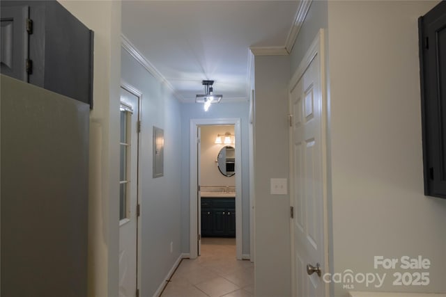 432 Partridge Pl, York, SC 29745 - hall with crown molding, light tile patterned floors, baseboards, and a sink