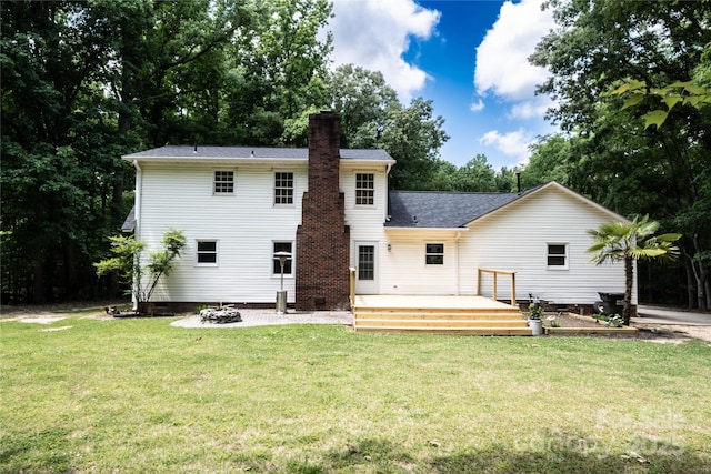 432 Partridge Pl, York, SC 29745 - rear view of property featuring a wooden deck, a yard, a chimney, crawl space, and roof with shingles