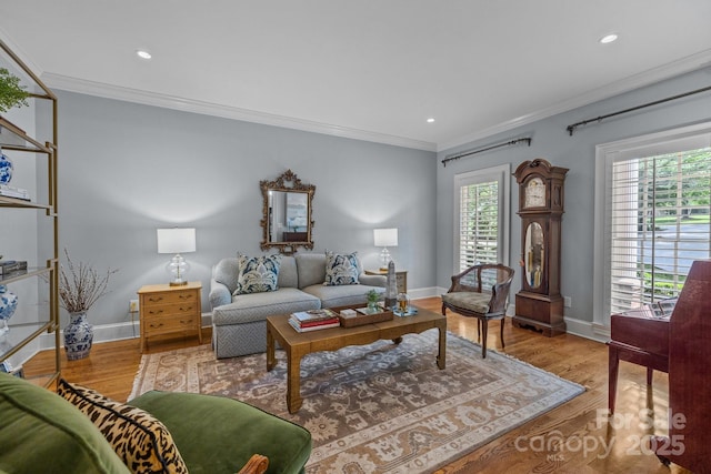 6824 N Baltusrol Ln, Charlotte, NC 28210 - living area featuring ornamental molding, wood finished floors, baseboards, and recessed lighting