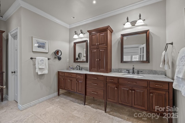 6824 N Baltusrol Ln, Charlotte, NC 28210 - bathroom with crown molding, double vanity, and baseboards