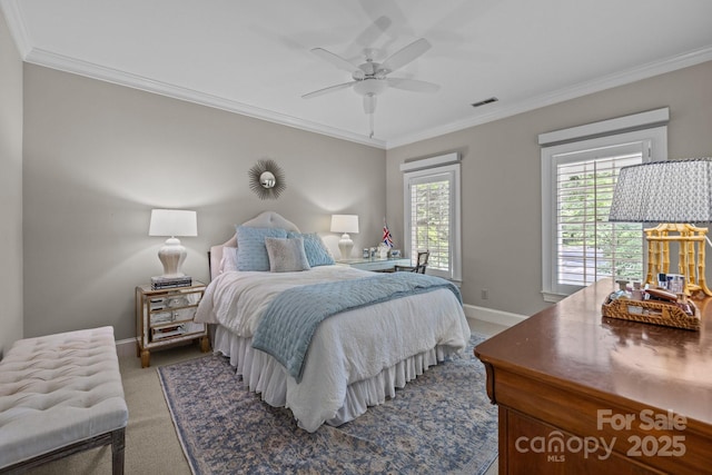 6824 N Baltusrol Ln, Charlotte, NC 28210 - bedroom with carpet, baseboards, ornamental molding, and a ceiling fan