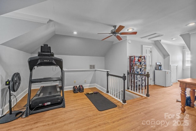 6824 N Baltusrol Ln, Charlotte, NC 28210 - workout area with crown molding, wood finished floors, ceiling fan, baseboards, and recessed lighting