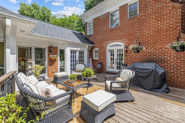 6824 N Baltusrol Ln, Charlotte, NC 28210 - deck with french doors, an outdoor hangout area, and a grill