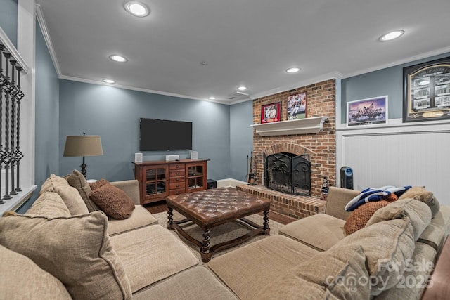 6824 N Baltusrol Ln, Charlotte, NC 28210 - living area featuring recessed lighting, a fireplace, ornamental molding, wood finished floors, and wainscoting