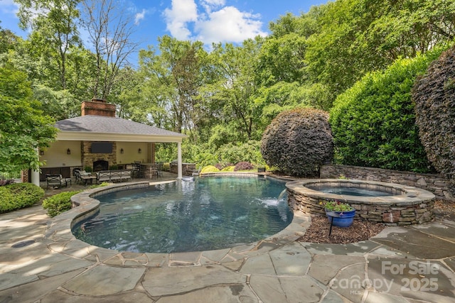 6824 N Baltusrol Ln, Charlotte, NC 28210 - swimming pool featuring a patio, an in-ground hot tub, and an outdoor living space with a fireplace