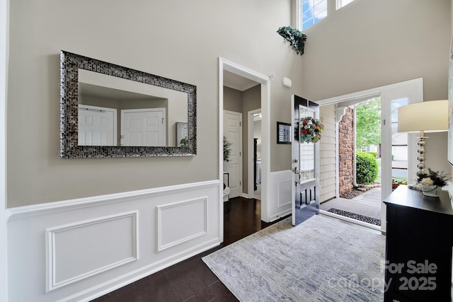 foyer featuring wainscoting, a high ceiling, and dark wood-type flooring