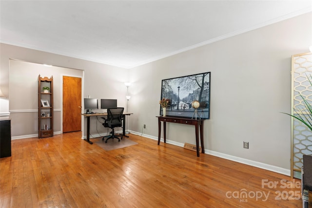 office with hardwood / wood-style floors, baseboards, and ornamental molding