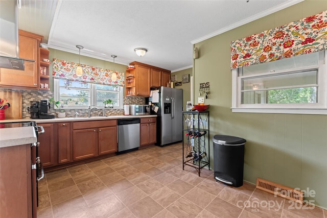 kitchen with crown molding, open shelves, a sink, stainless steel appliances, and visible vents